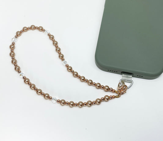 Swarovski Crystal and Pearl Phone Strap or Lanyard in Rose Gold