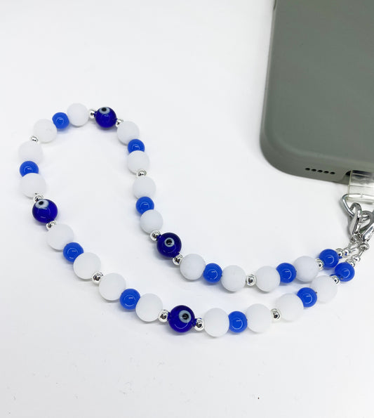 Evil Eye Glass Bead and Silver Phone Strap Lanyard