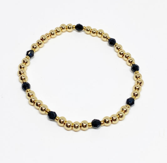4mm Gold Beaded and Swarovski Round Crystal Bracelet in Black and Gold