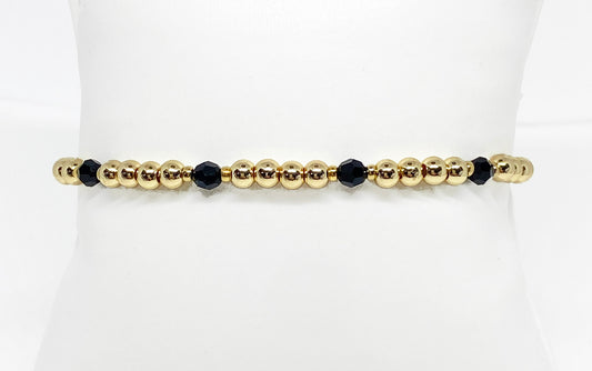 4mm Gold Beaded and Swarovski Round Crystal Bracelet in Black and Gold