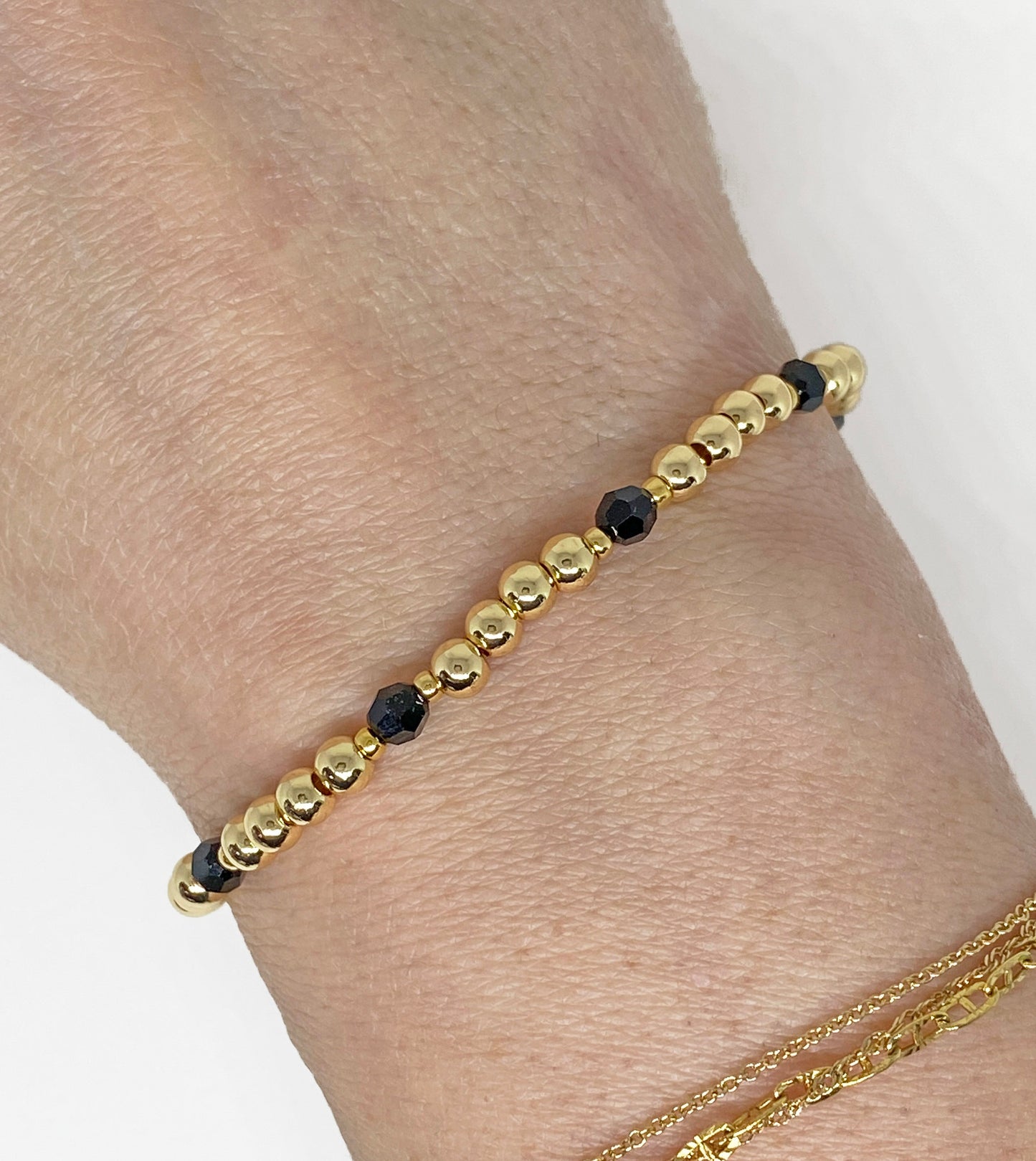 4mm Gold Beaded and Swarovski Round Crystal Bracelet in Black and Gold