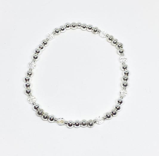 4mm Silver Beaded and Swarovski Round Crystal Bracelet in Moonlight and Silver