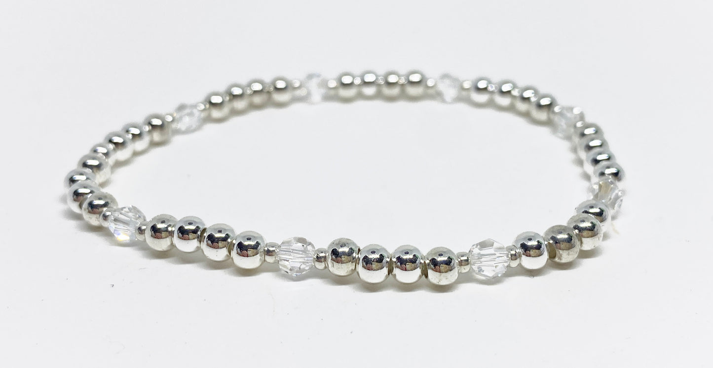 4mm Silver Beaded and Swarovski Round Crystal Bracelet in Moonlight and Silver
