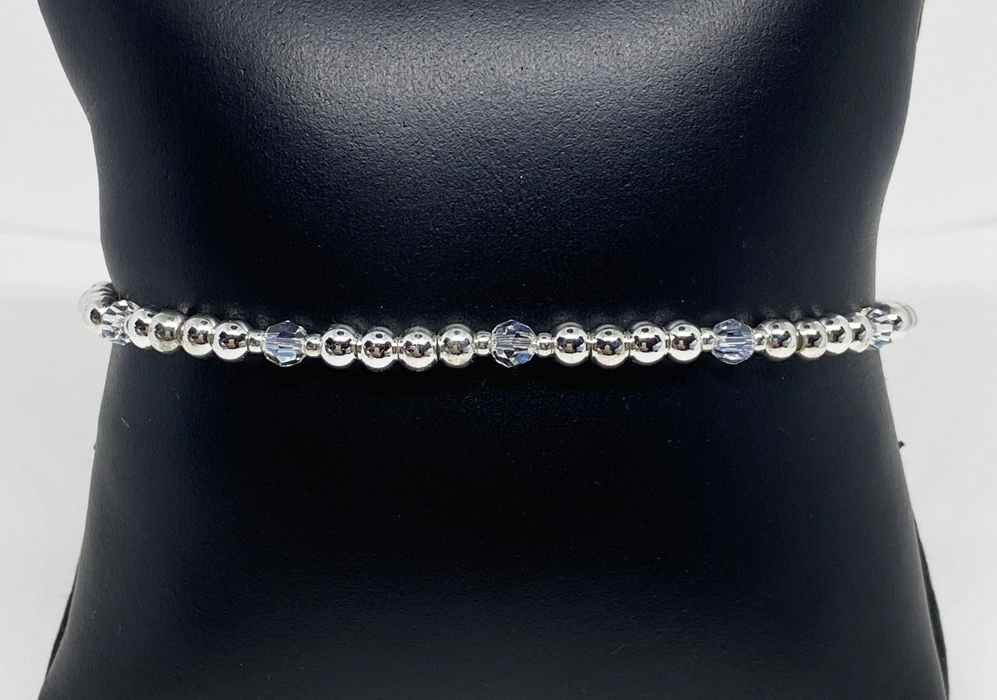 4mm Silver Beaded and Swarovski Round Crystal Bracelet in Moonlight and Silver