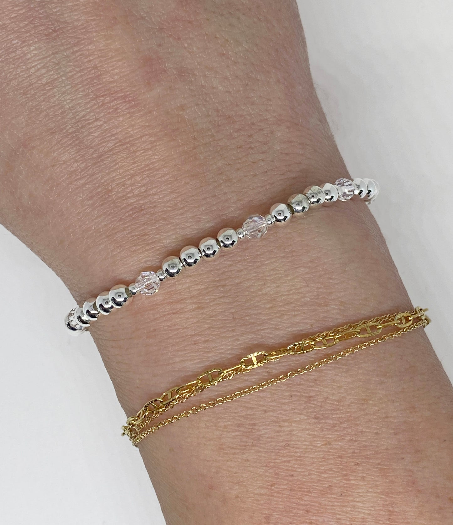 4mm Silver Beaded and Swarovski Round Crystal Bracelet in Moonlight and Silver