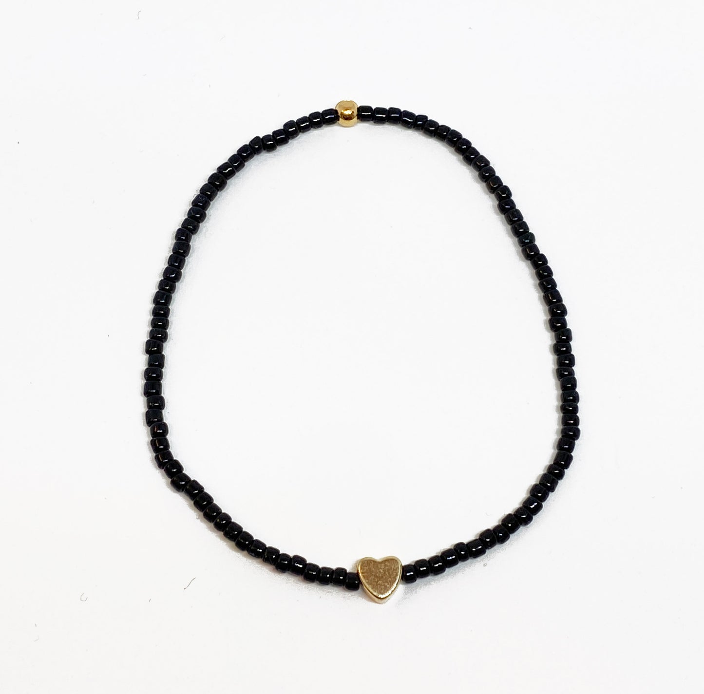 Shiny Black Glass Beaded  Bracelet with Tiny Gold Heart