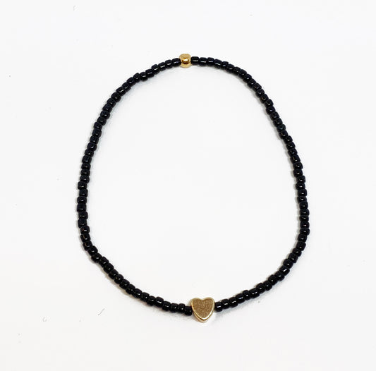 Shiny Black Glass Beaded  Bracelet with Tiny Gold Heart