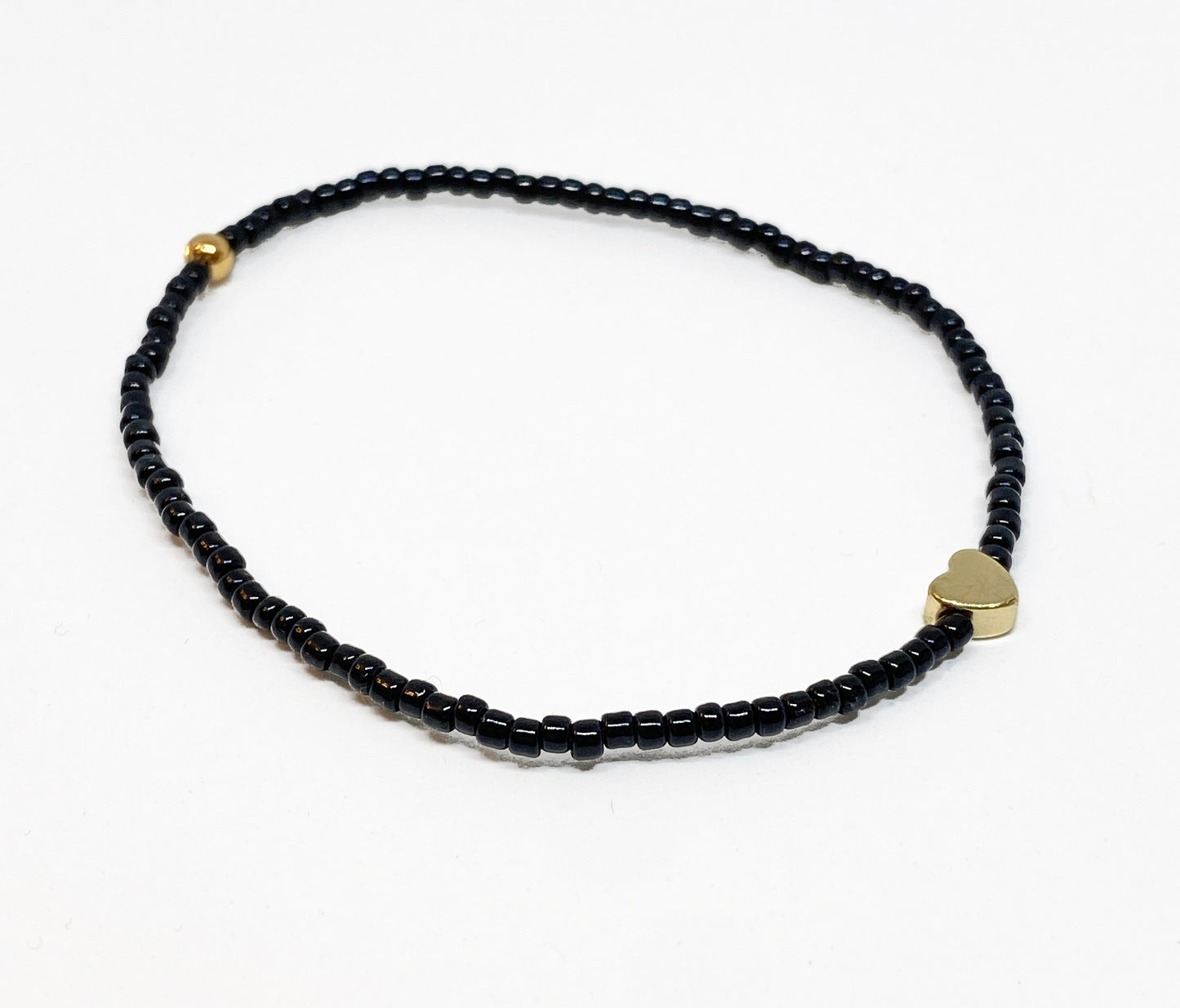 Shiny Black Glass Beaded  Bracelet with Tiny Gold Heart