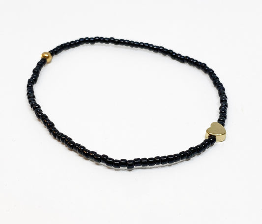 Shiny Black Glass Beaded  Bracelet with Tiny Gold Heart