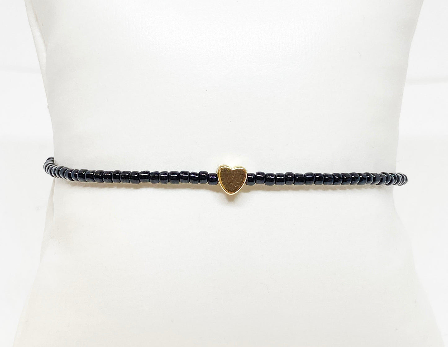 Shiny Black Glass Beaded  Bracelet with Tiny Gold Heart