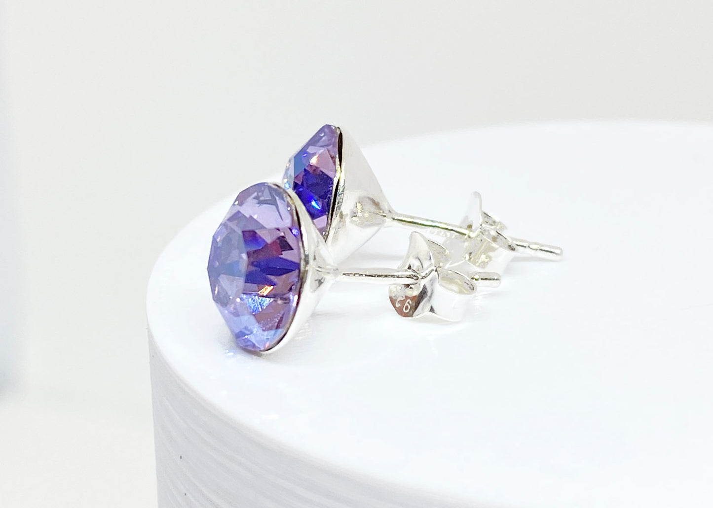 8mm Swarovski Crystal Stud Earrings in Violet Moonlight, set in Sterling Silver