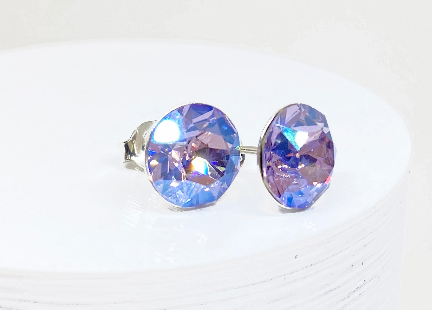8mm Swarovski Crystal Stud Earrings in Violet Moonlight, set in Sterling Silver