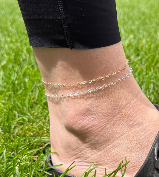 Mini Heart Chain Ankle Bracelet in Gold Filled or Sterling Silver