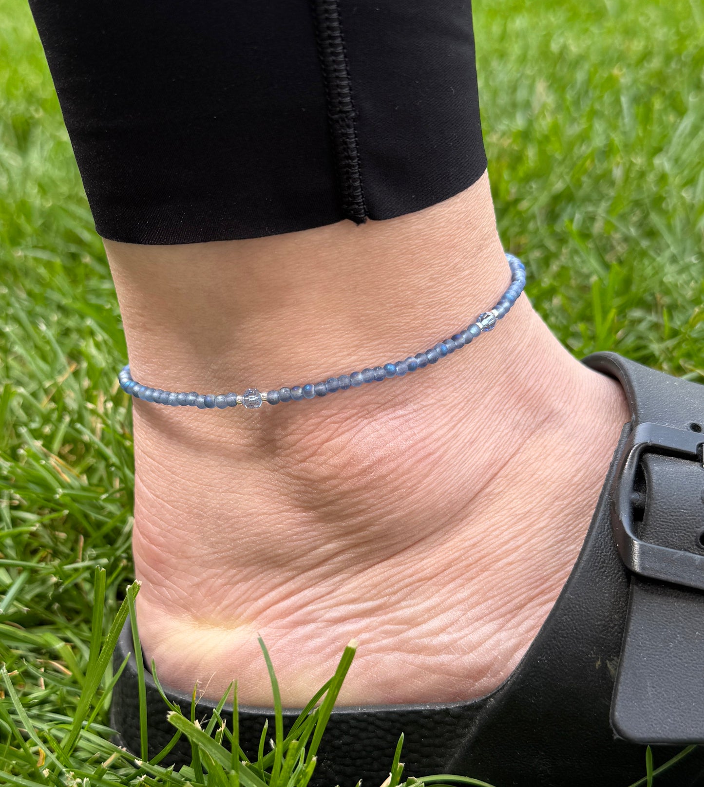 Mini Beaded and Swarovski Crystal Ankle Bracelet in Blue and Silver
