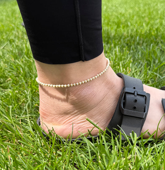 Mini Beaded Ankle Bracelet in Pearl with Gold Accents