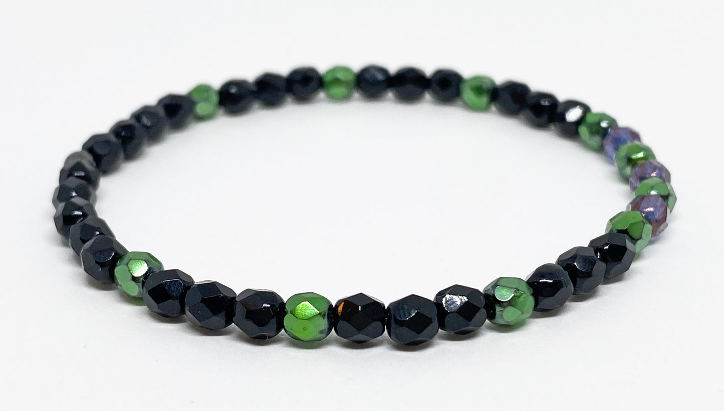 Halloween Glass Crystal Accent Beaded Bracelet in Black, Green, and Purple