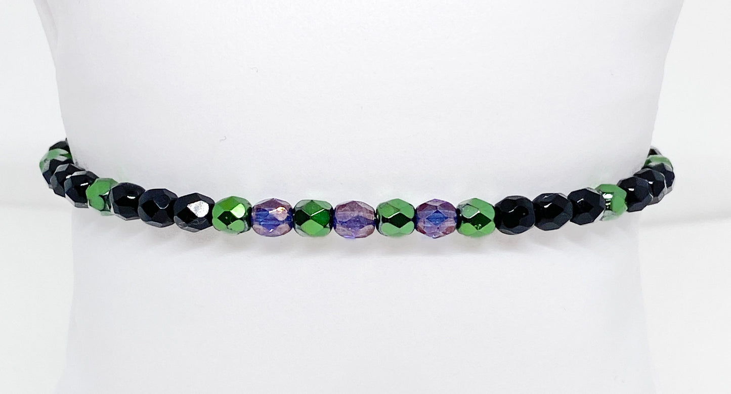 Halloween Glass Crystal Accent Beaded Bracelet in Black, Green, and Purple