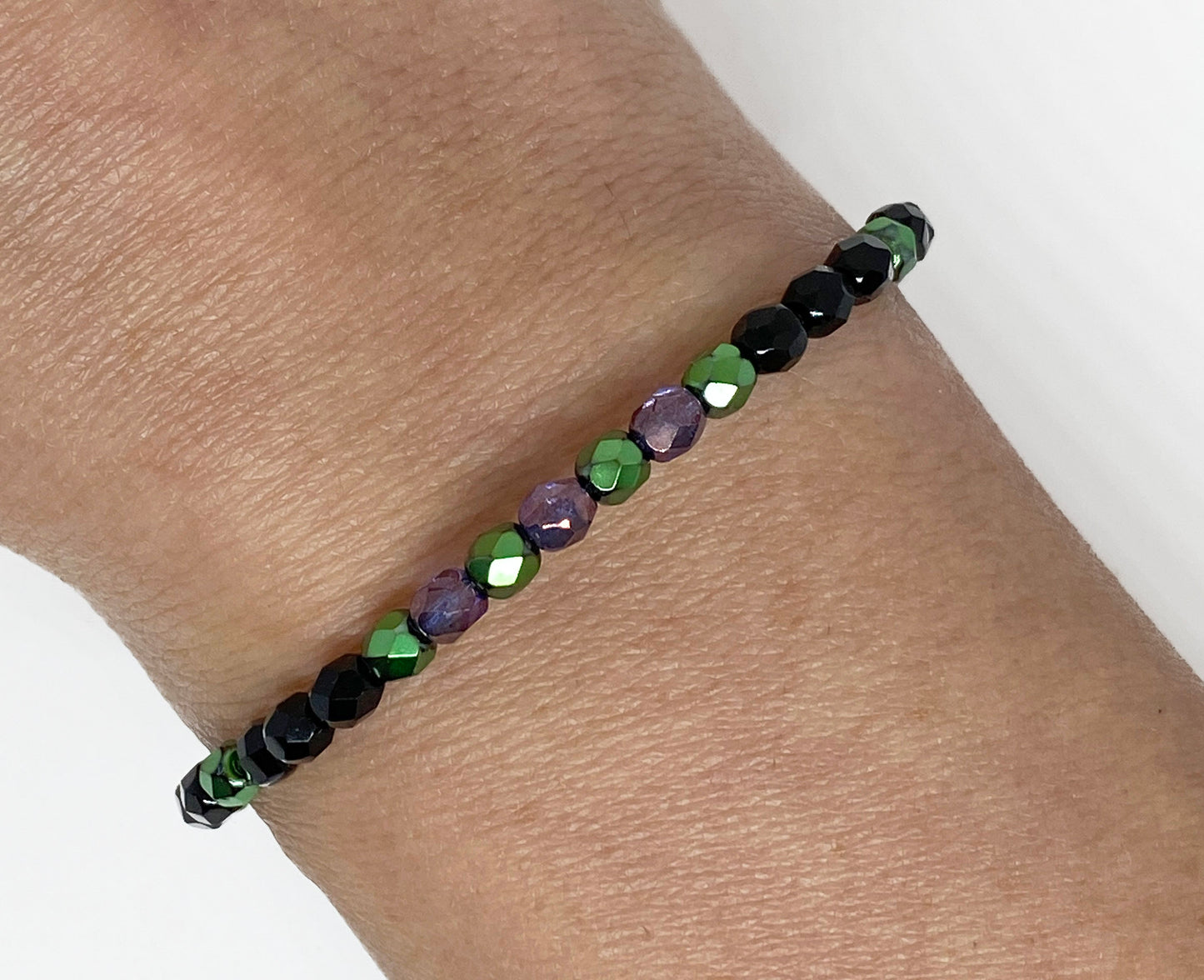 Halloween Glass Crystal Accent Beaded Bracelet in Black, Green, and Purple