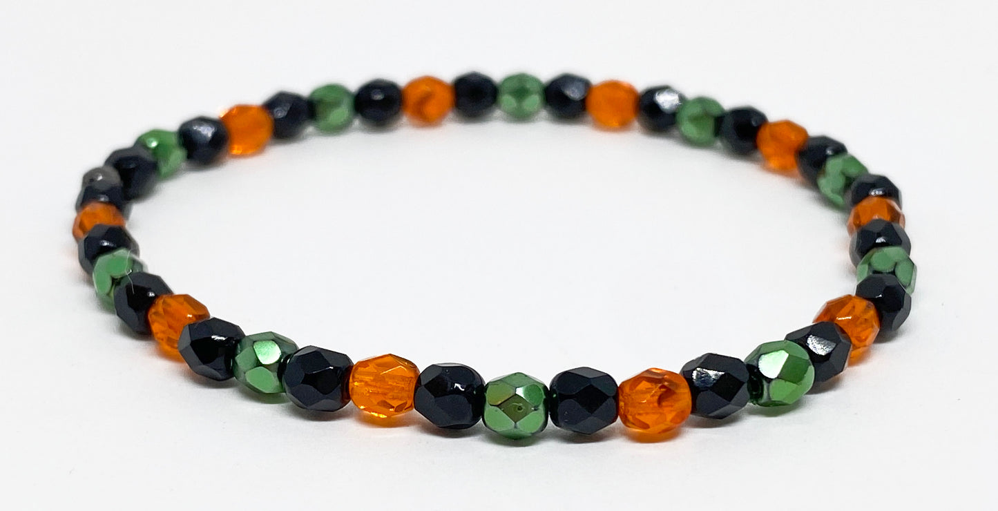 Halloween Glass Crystal Accent Beaded Bracelet in Black, Green, and Orange