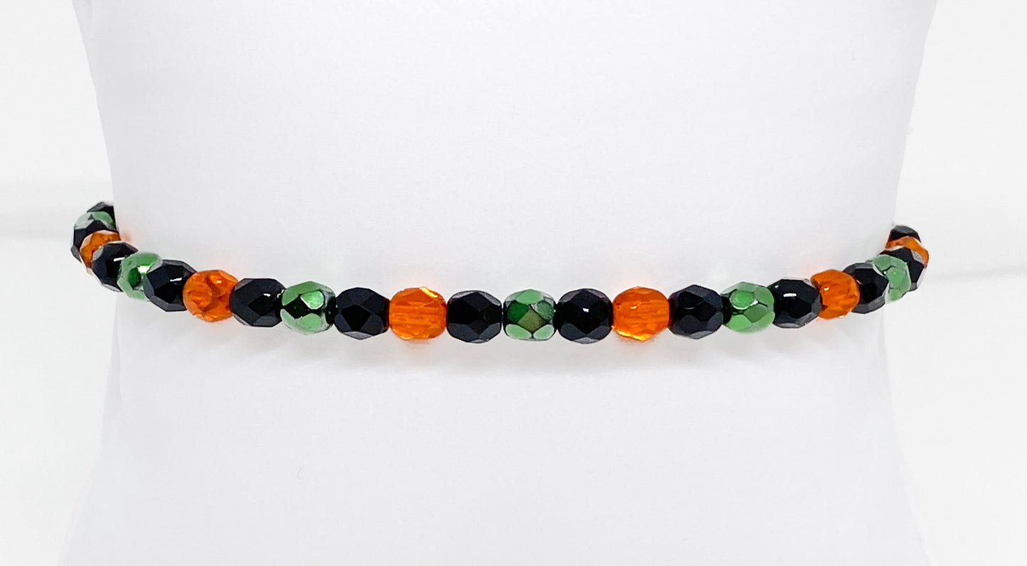 Halloween Glass Crystal Accent Beaded Bracelet in Black, Green, and Orange