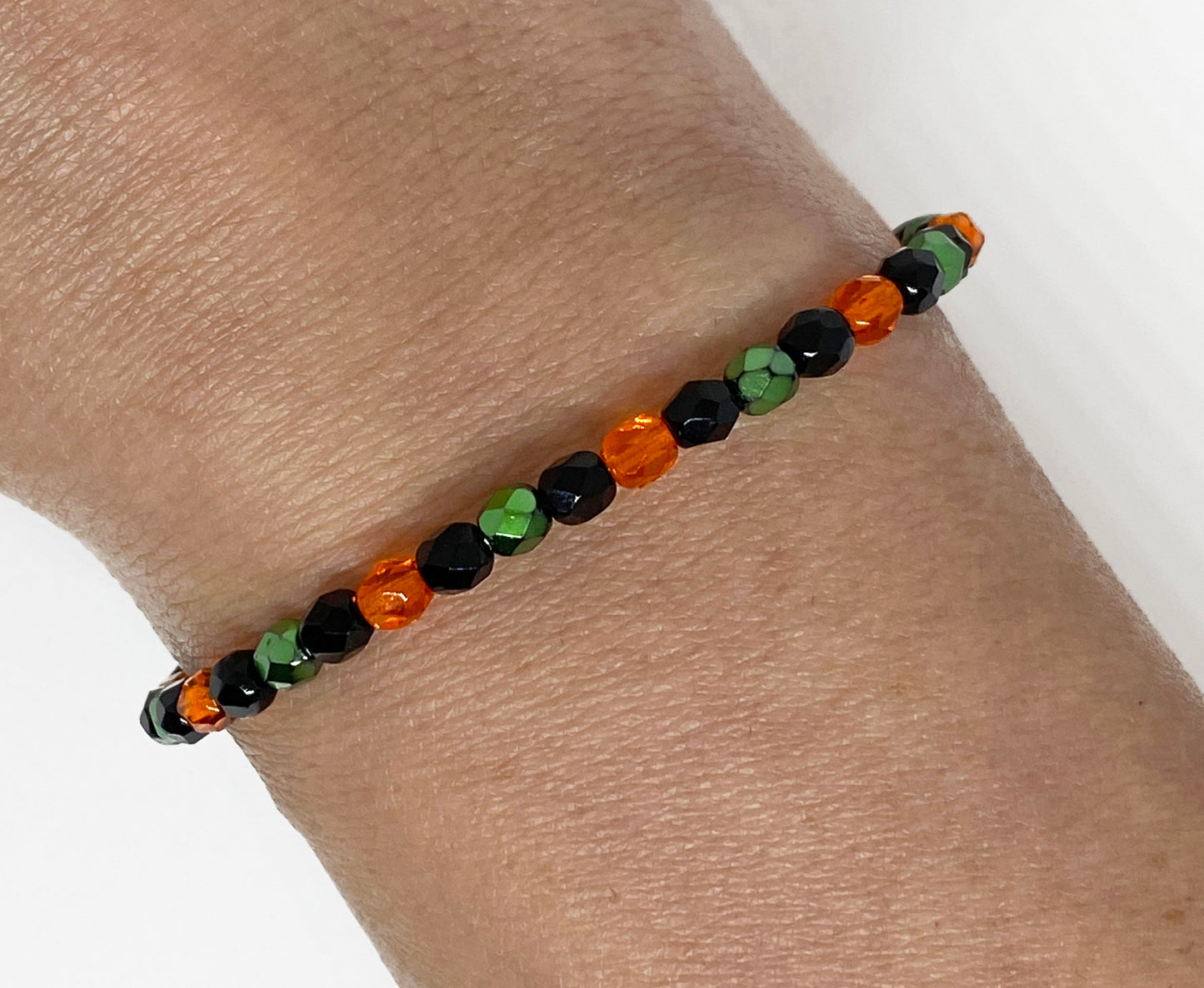 Halloween Glass Crystal Accent Beaded Bracelet in Black, Green, and Orange