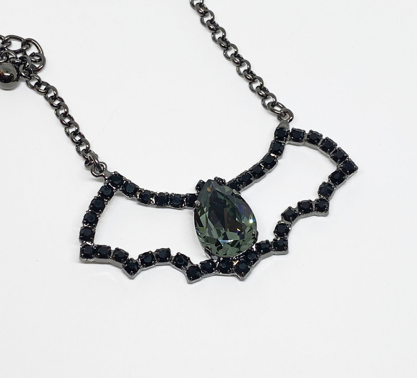 Halloween Swarovski Crystal Bat Pendant Necklace, Black and Gunmetal