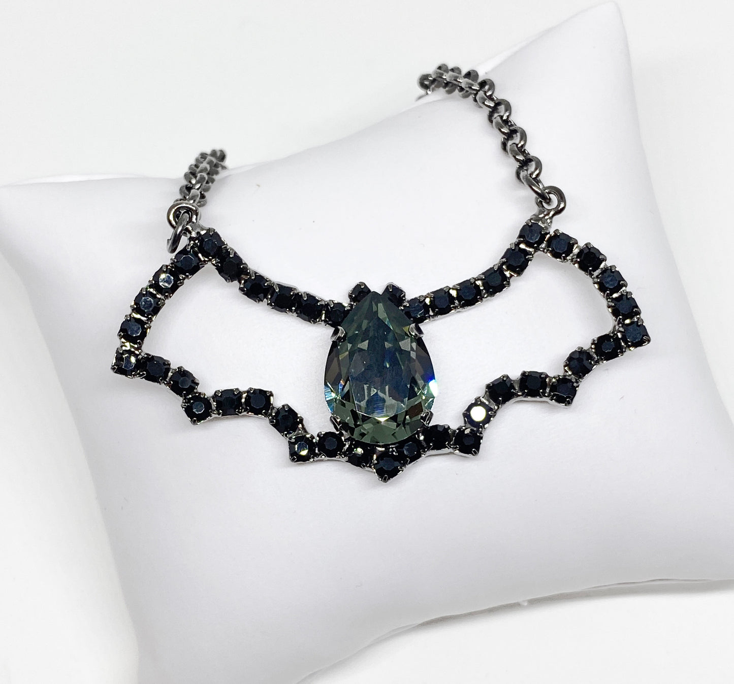 Halloween Swarovski Crystal Bat Pendant Necklace, Black and Gunmetal