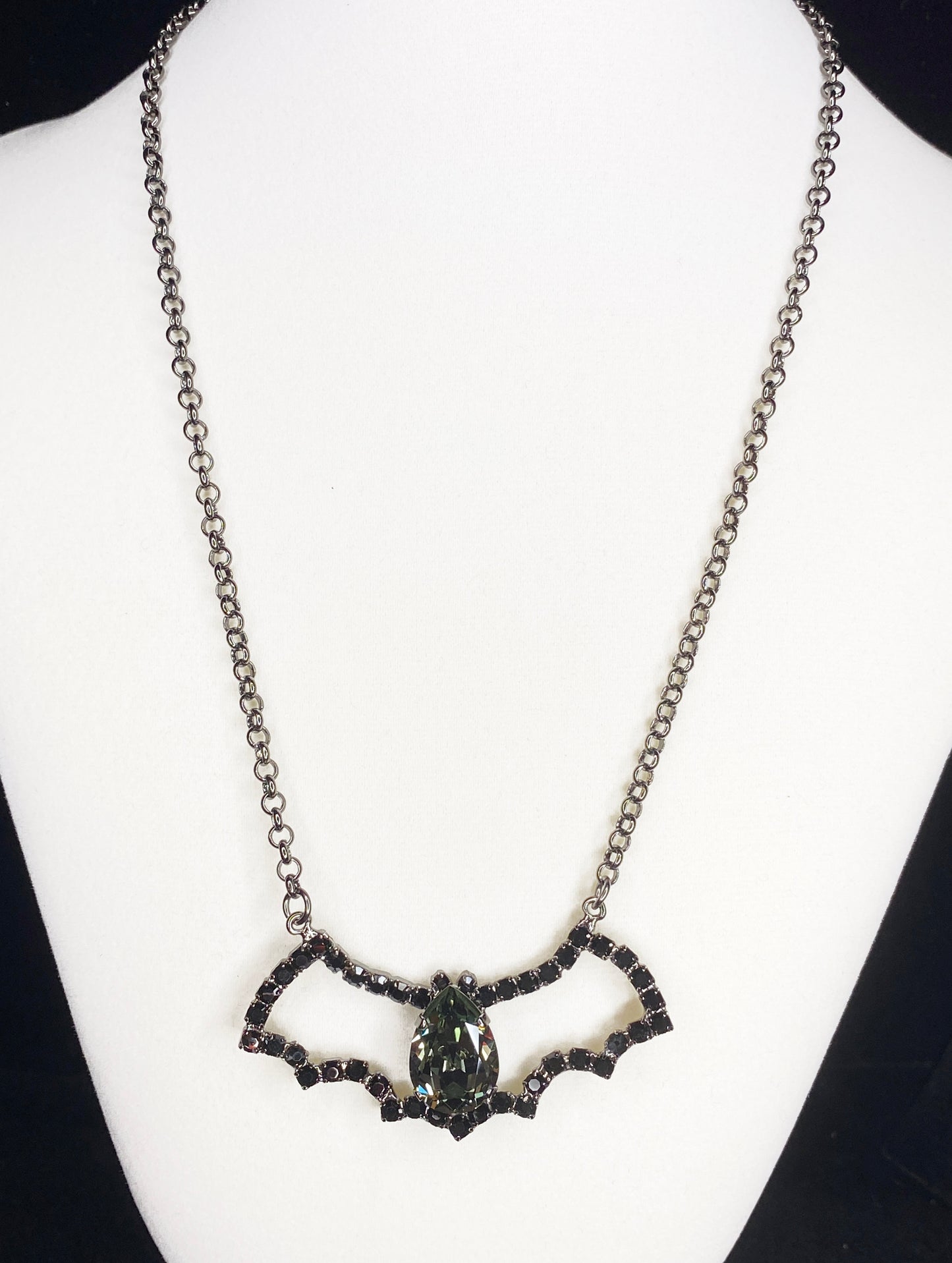 Halloween Swarovski Crystal Bat Pendant Necklace, Black and Gunmetal