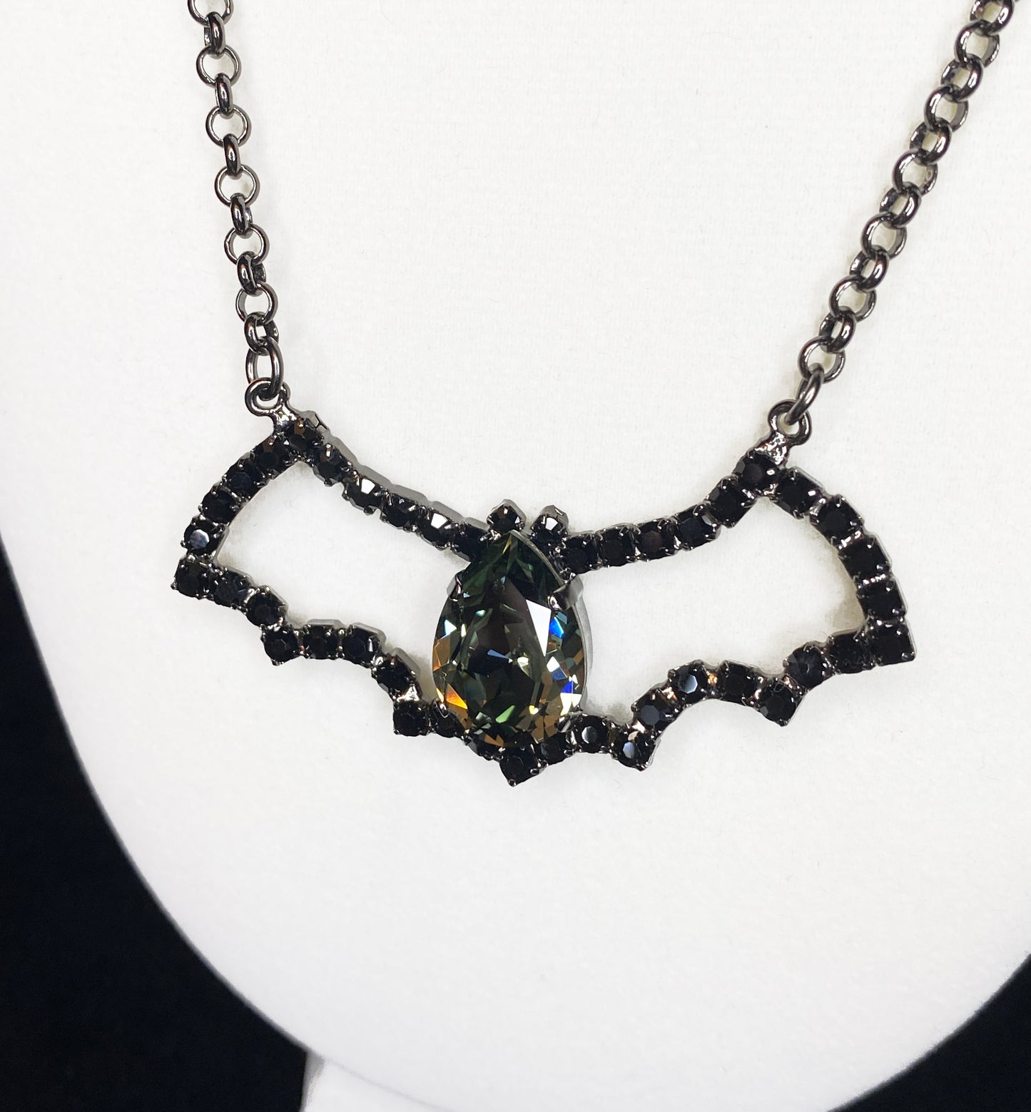 Halloween Swarovski Crystal Bat Pendant Necklace, Black and Gunmetal