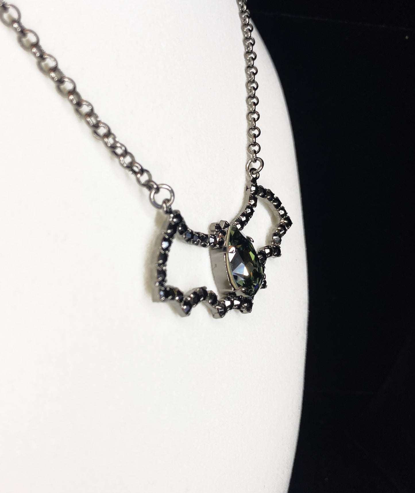 Halloween Swarovski Crystal Bat Pendant Necklace, Black and Gunmetal