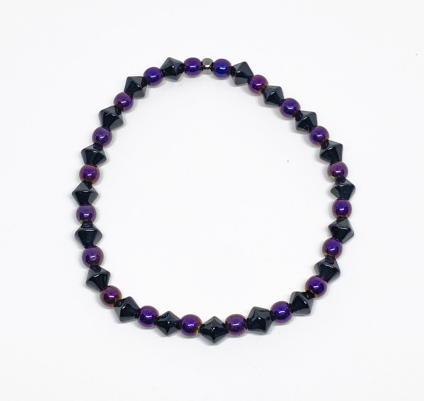 Halloween Glass and Hematite Beaded Bracelet in Purple and Black