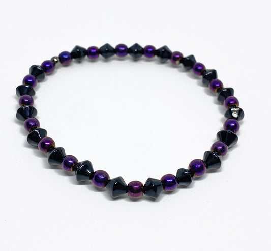 Halloween Glass and Hematite Beaded Bracelet in Purple and Black