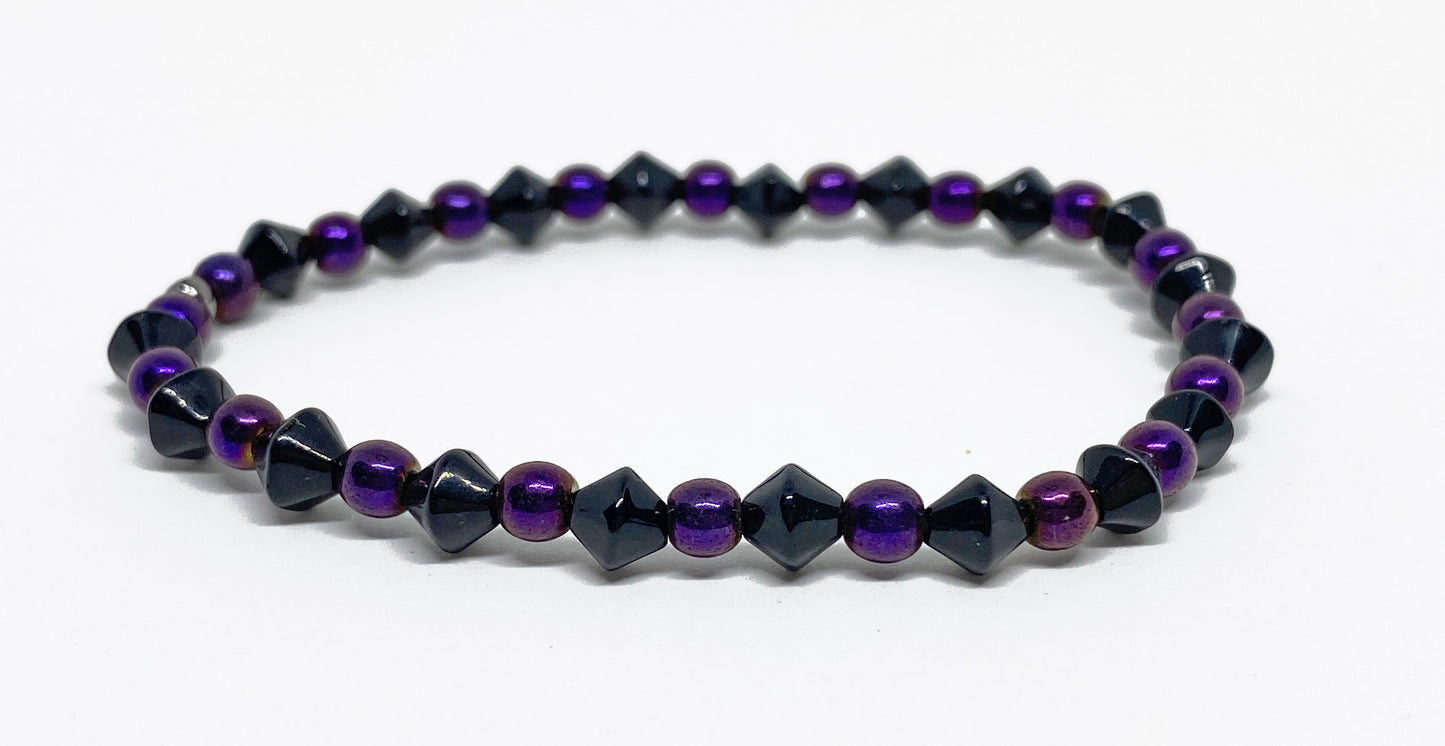 Halloween Glass and Hematite Beaded Bracelet in Purple and Black