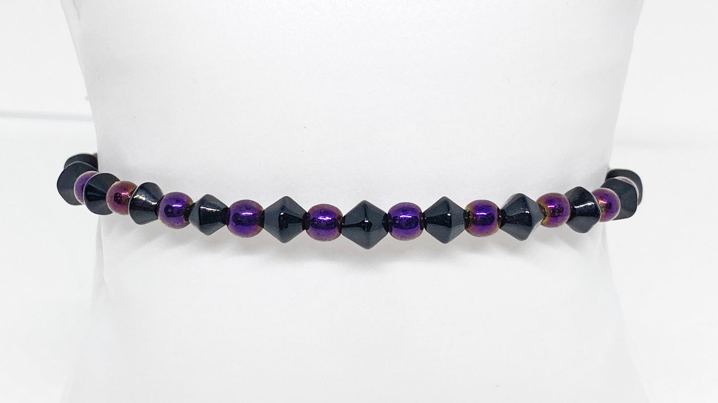 Halloween Glass and Hematite Beaded Bracelet in Purple and Black