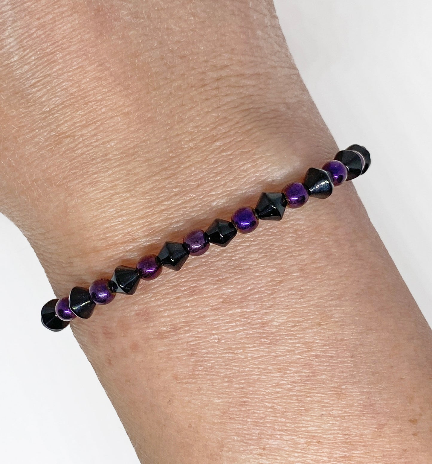 Halloween Glass and Hematite Beaded Bracelet in Purple and Black