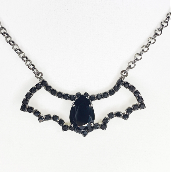 Halloween Swarovski Crystal Bat Pendant Necklace in Jet Black