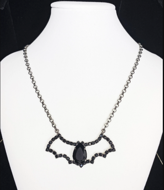 Halloween Swarovski Crystal Bat Pendant Necklace in Jet Black