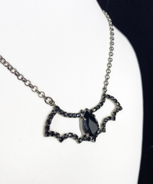 Halloween Swarovski Crystal Bat Pendant Necklace in Jet Black