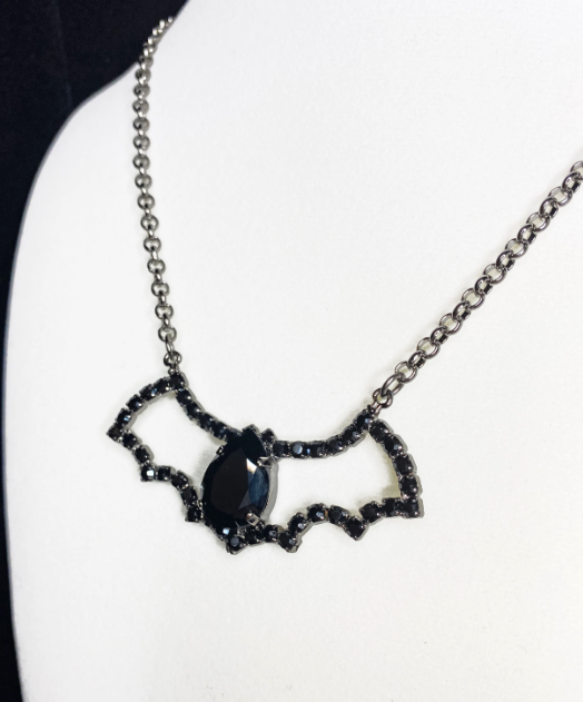 Halloween Swarovski Crystal Bat Pendant Necklace in Jet Black