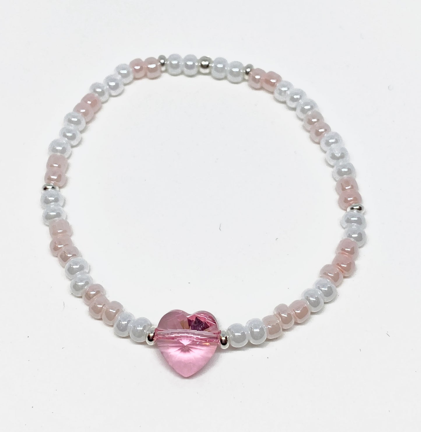 Swarovski Heart Bead Bracelet in Light Rose with 4mm White Lustre and Pastel Pink Glass Beads