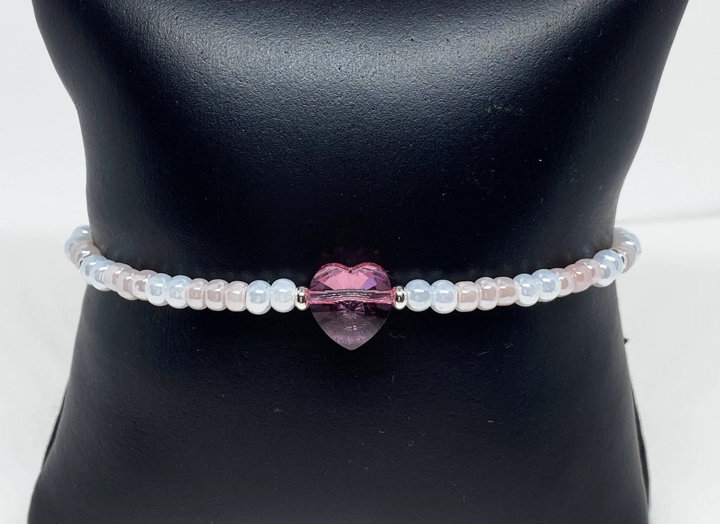 Swarovski Heart Bead Bracelet in Light Rose with 4mm White Lustre and Pastel Pink Glass Beads