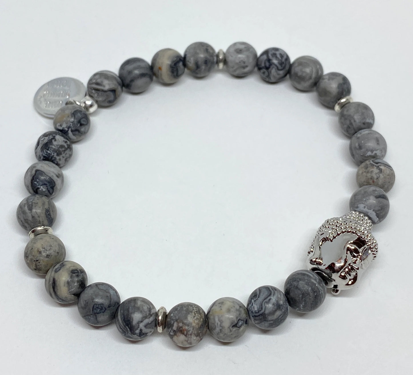 Silver Plated Buddha Bead with Picasso Jasper Beads Accent Beaded Stretch Bracelet