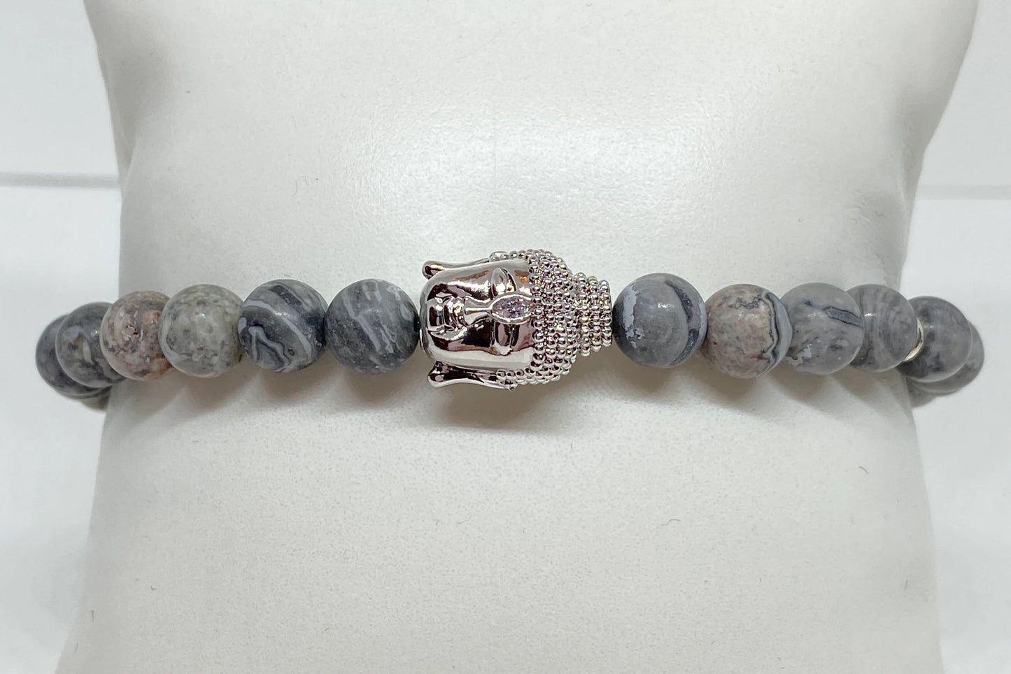 Silver Plated Buddha Bead with Picasso Jasper Beads Accent Beaded Stretch Bracelet