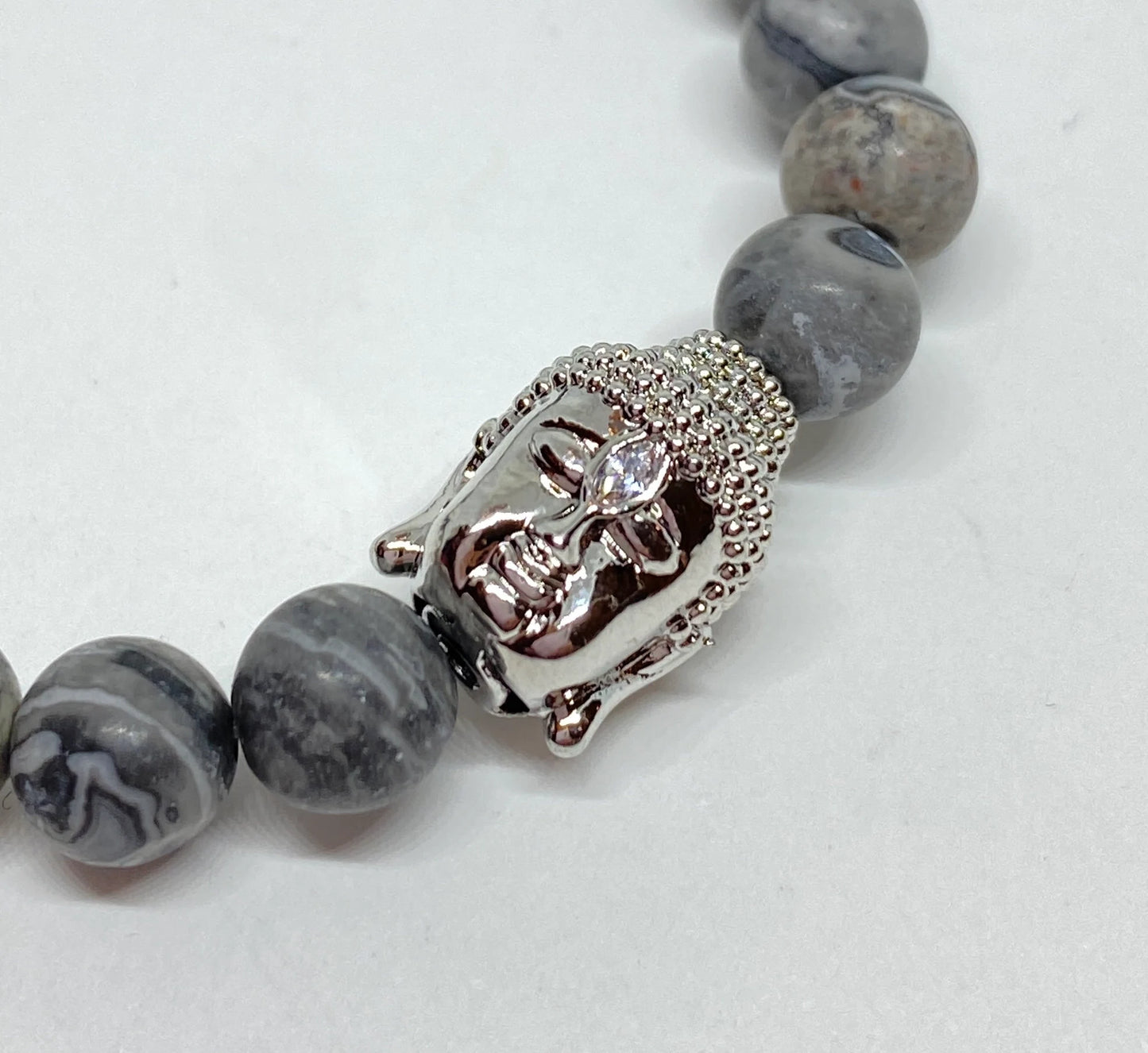 Silver Plated Buddha Bead with Picasso Jasper Beads Accent Beaded Stretch Bracelet