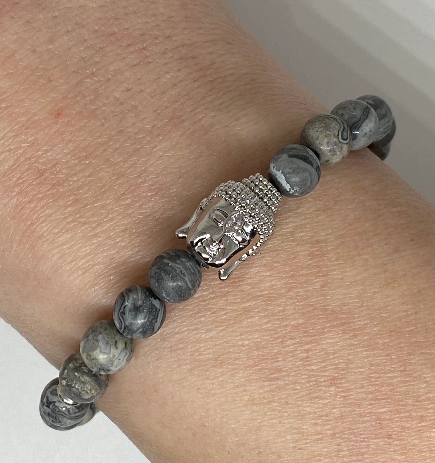 Silver Plated Buddha Bead with Picasso Jasper Beads Accent Beaded Stretch Bracelet