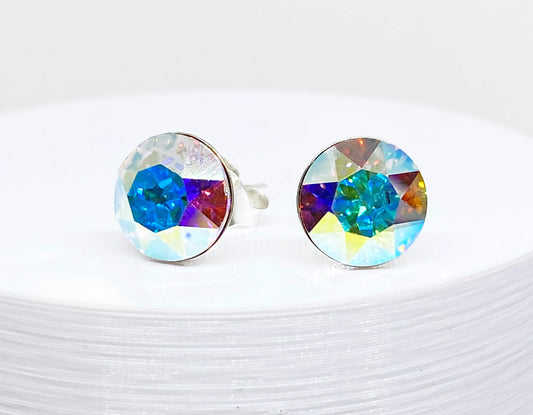 8mm Swarovski Crystal Stud Earrings in Crystal Aurora Borealis, set in Sterling Silver