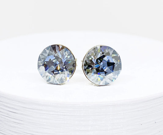 8mm Swarovski Crystal Stud Earrings in Crystal Blue Shade, Pale Blue, set in Sterling Silver