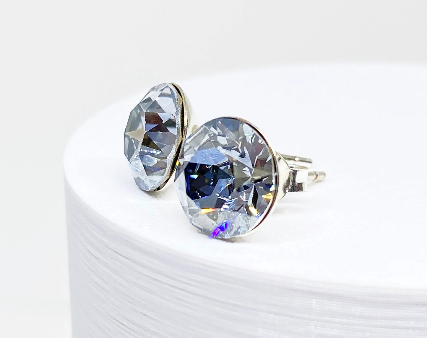 8mm Swarovski Crystal Stud Earrings in Crystal Blue Shade, Pale Blue, set in Sterling Silver