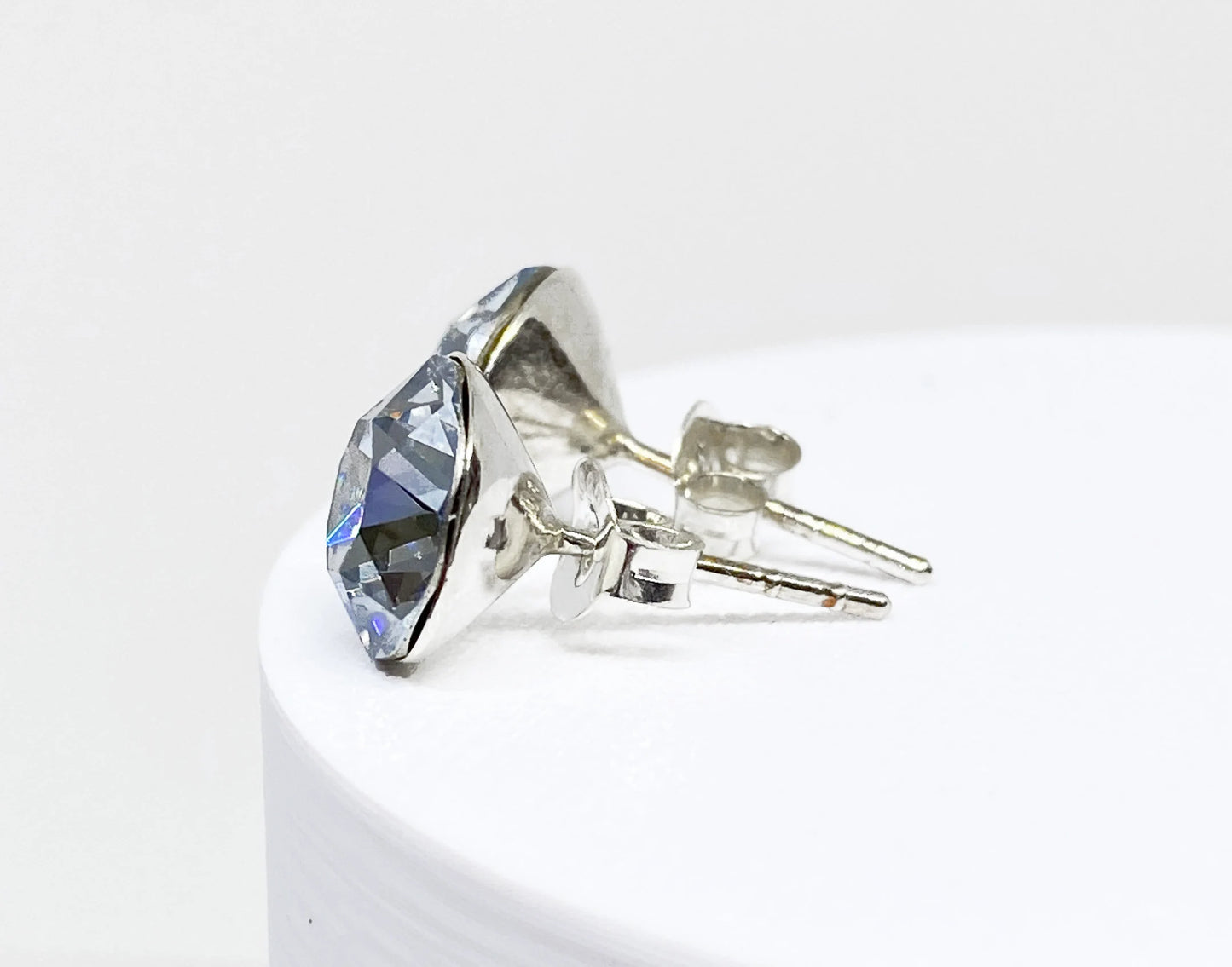 8mm Swarovski Crystal Stud Earrings in Crystal Blue Shade, Pale Blue, set in Sterling Silver