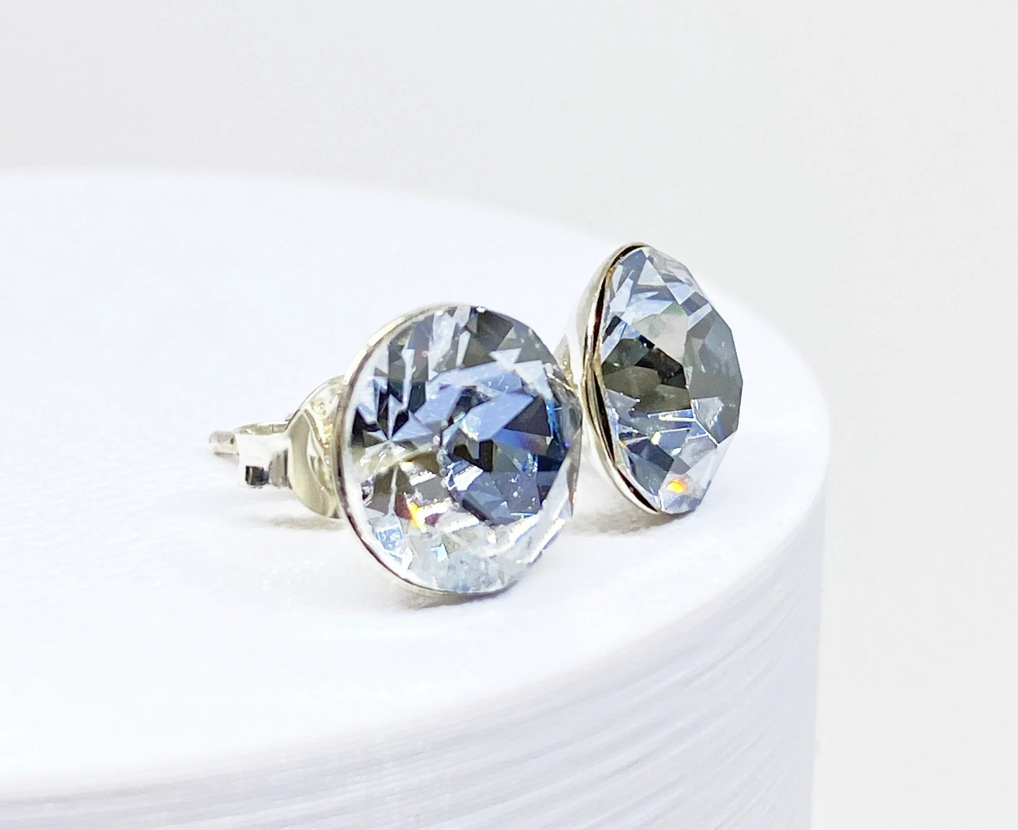 8mm Swarovski Crystal Stud Earrings in Crystal Blue Shade, Pale Blue, set in Sterling Silver